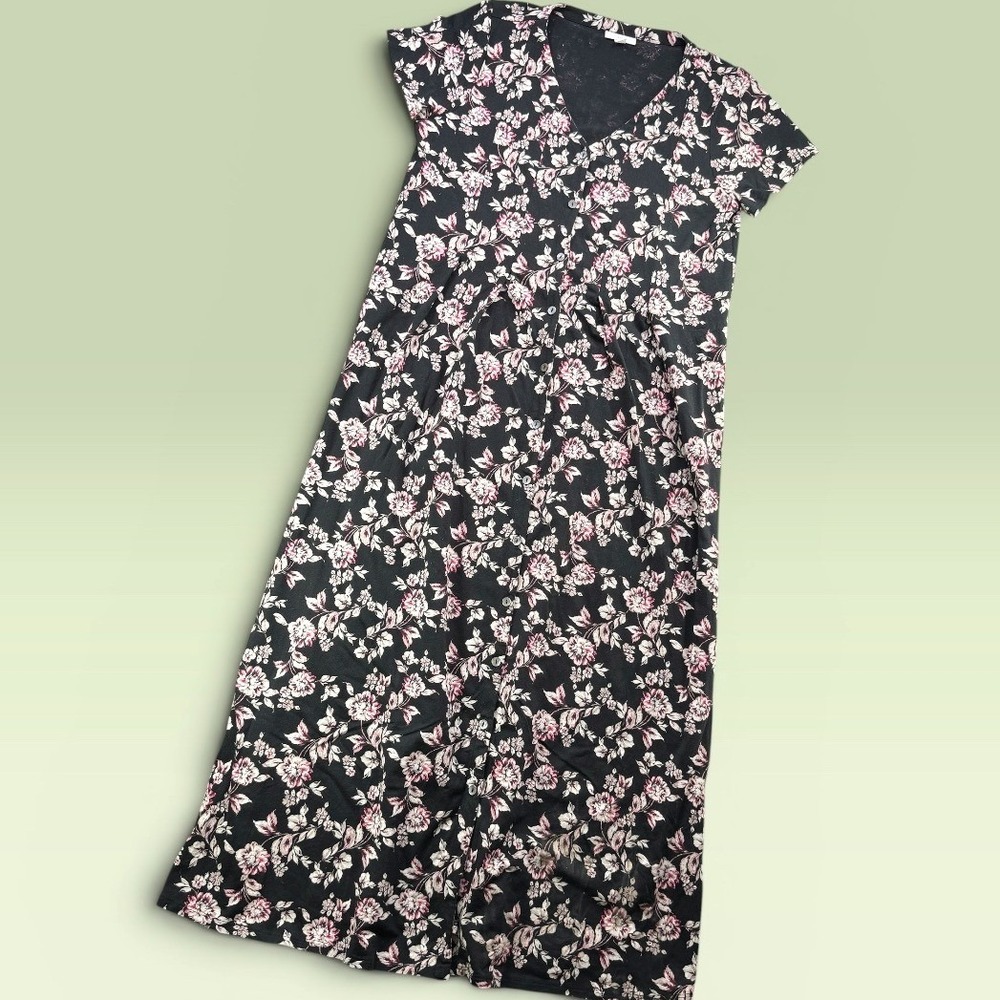 J.Jill Button Front Maxi Dress Women S Pima Cotton Modal Knit Floral Black Pink‎